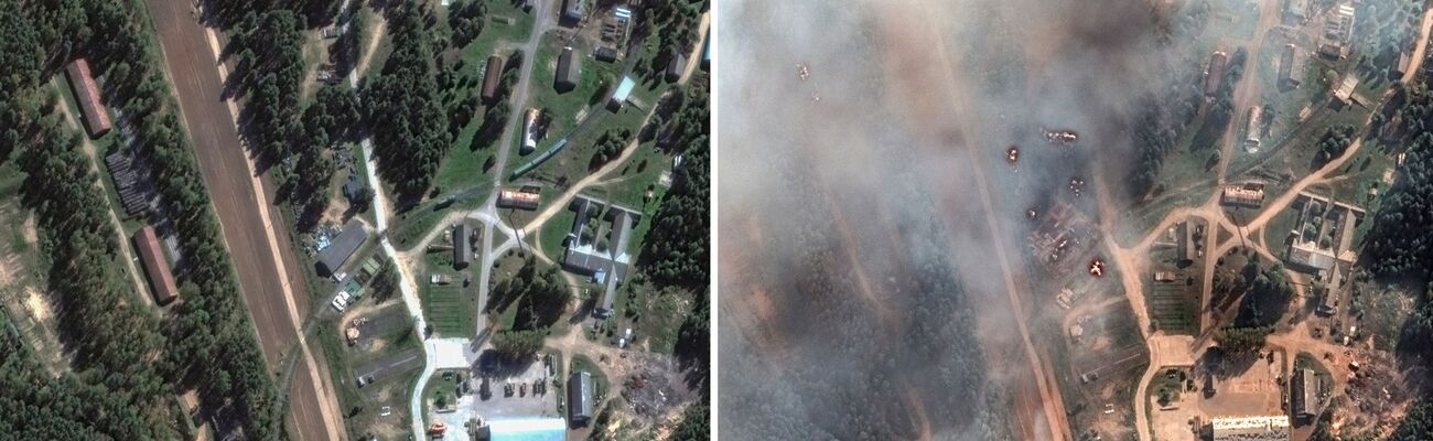 Der Drohnenangriff auf ein Munitionsdepot im Nordwesten Russlands war Selenskyj zufolge ein großer Erfolg., © -/Satellite image '2023 Maxar Technologies/AP/dpa