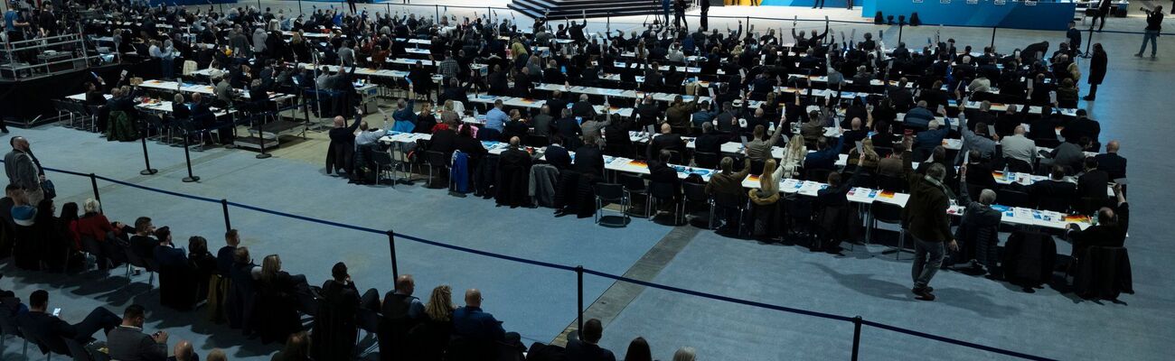 Stundenlang wird auf dem AfD-Parteitag über das Programm zur Bundestagswahl debattiert., © Sebastian Kahnert/dpa