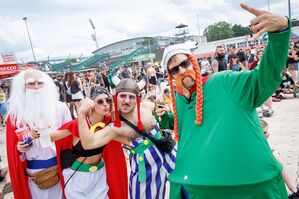 Besucher beim Open-Air-Festival "Rock im Park" tragen Kostüme der Comic-Figuren Panoramix, Asterix, Obelix und Majestix., © Daniel Karmann/dpa
