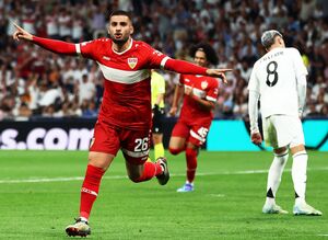 Deniz Undav bejubelt den Ausgleich für den VfB Stuttgart in der Champions League bei Real Madrid., © Jan Woitas/dpa