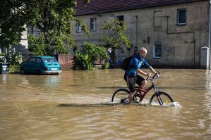 Ein Mann fährt mit dem Fahrrad durch eine überflutete Straße in der Stadt Lewin Brzeski im Süden Polens. (Foto aktuell), © Attila Husejnow/SOPA Images via ZUMA Press Wire/dpa