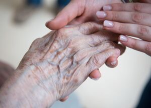 Alt und Jung: Eine Pflegerin hält die Hand einer Bewohnerin im Seniorenzentrum. Aber wie lange kann dieses Versorgungssystem noch funktionieren? (Symbolbild), © Christophe Gateau/dpa