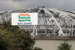 Blick auf das zerstörte Dach des Baseball-Stadions Tropicana Field in St. Petersburg in Florida., © Mike Carlson/AP/dpa