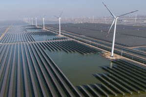 Windräder drehen sich auf einem riesigen Solarpark in China. (Archivbild), © Ng Han Guan/AP/dpa