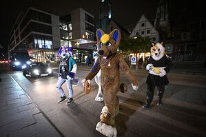 Beim sogenannten Suitwalk wollen die Furrys Farbe in den grauen Alltag der Menschen bringen. (Archivbild), © Felix Kästle/dpa