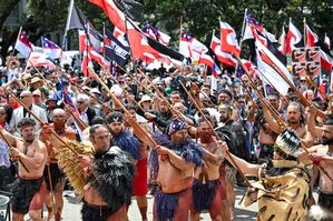 Demonstranten tragen die traditionelle Kleidung der indigenen Bevölkerung und präsentieren die Maori-Flagge, , © Mark Tantrum/AP