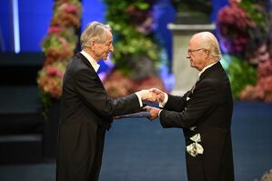 Einer der Preisträger: Der KI-Grundlagenforscher Geoffrey Hinton, der hier den Nobelpreis von König Carl Gustaf überreicht bekommt., © Pontus Lundahl/TT News Agency via AP/dpa