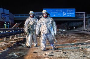 Überall Fische auf der Fahrbahn: Bei dem Unfall auf der A1 mussten Feuerwehrleute die Unfallstelle zunächst in speziellen Schutzanzügen sichern. , © JOTO/dpa