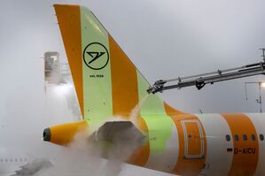 Ein Flugzeug wird auf dem Frankfurter Flughafen enteist., © Helmut Fricke/dpa