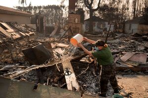 Nancy Belanger gießt Wasser auf das vom Feuer verwüstete Grundstück eines Nachbarn im Stadtteil Pacific Palisades von Los Angeles., © Jae C. Hong/AP/dpa