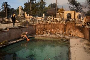 Robert Karban füllt einen Eimer mit Wasser aus einem Swimmingpool. , © John Locher/AP/dpa