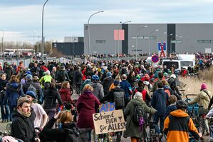 Nach Polizeiangaben versammelten sich an der Messe in Halle etwa 8.000 Gegendemonstranten., © Heiko Rebsch/dpa