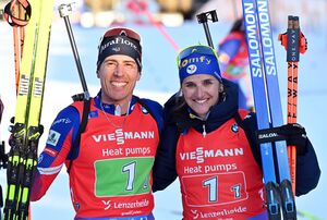 Die neuen Weltmeister: Julia Simon (r) und Quentin Fillon Maillet, © Martin Schutt/dpa